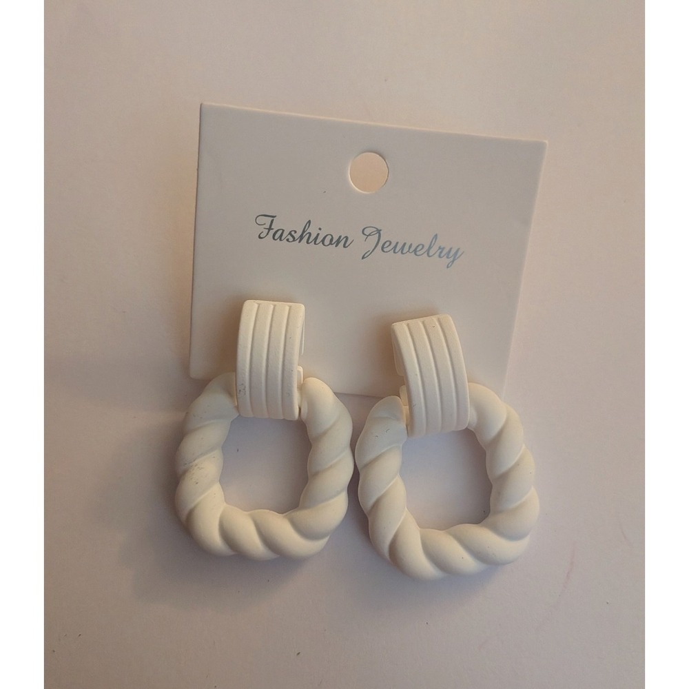 Matte White Twisted Rope Hoop Drop Earrings Textured Chunky Geometric Statement